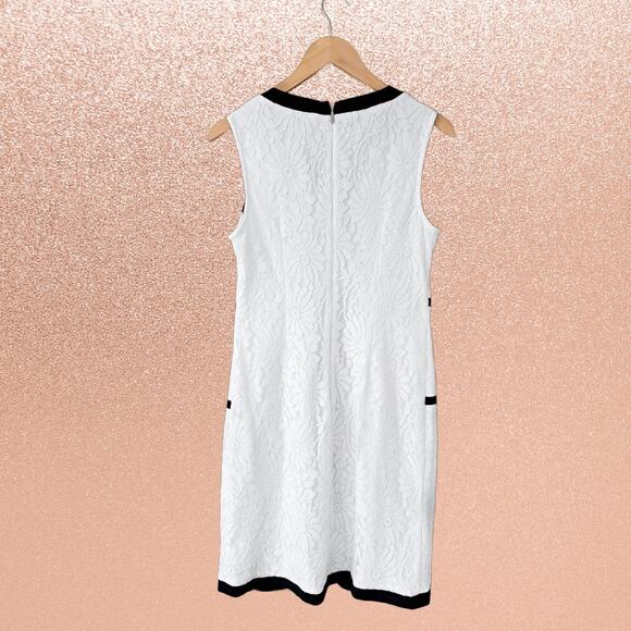 Karl Lagerfeld White Lace Sleeveless Sheath Dress Size 6 Black Contrast Trim Bow - Picture 2 of 10